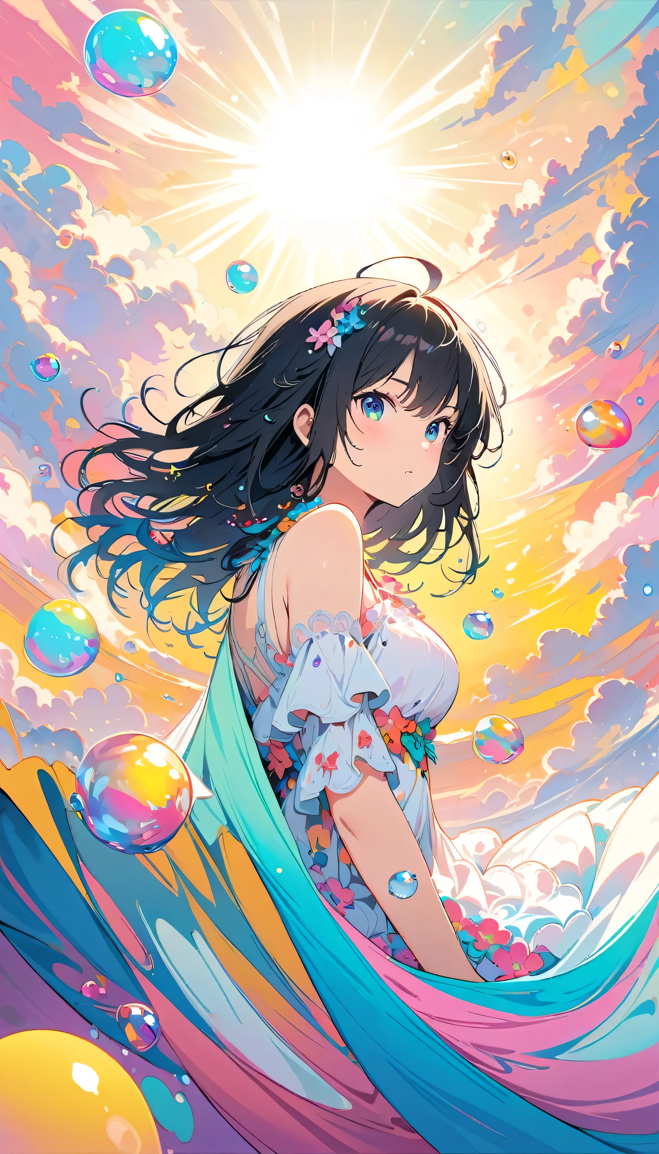 Best Quality, Super Fine, 8k, Unbelievably absurd, Very detailed, 2.5D, Beautiful Goddess, Soap bubbles, Pastel colored clouds, Sunshine, Pop Art, Delicate and dynamic, Pastel color fantasy, Black Hair, Official Art