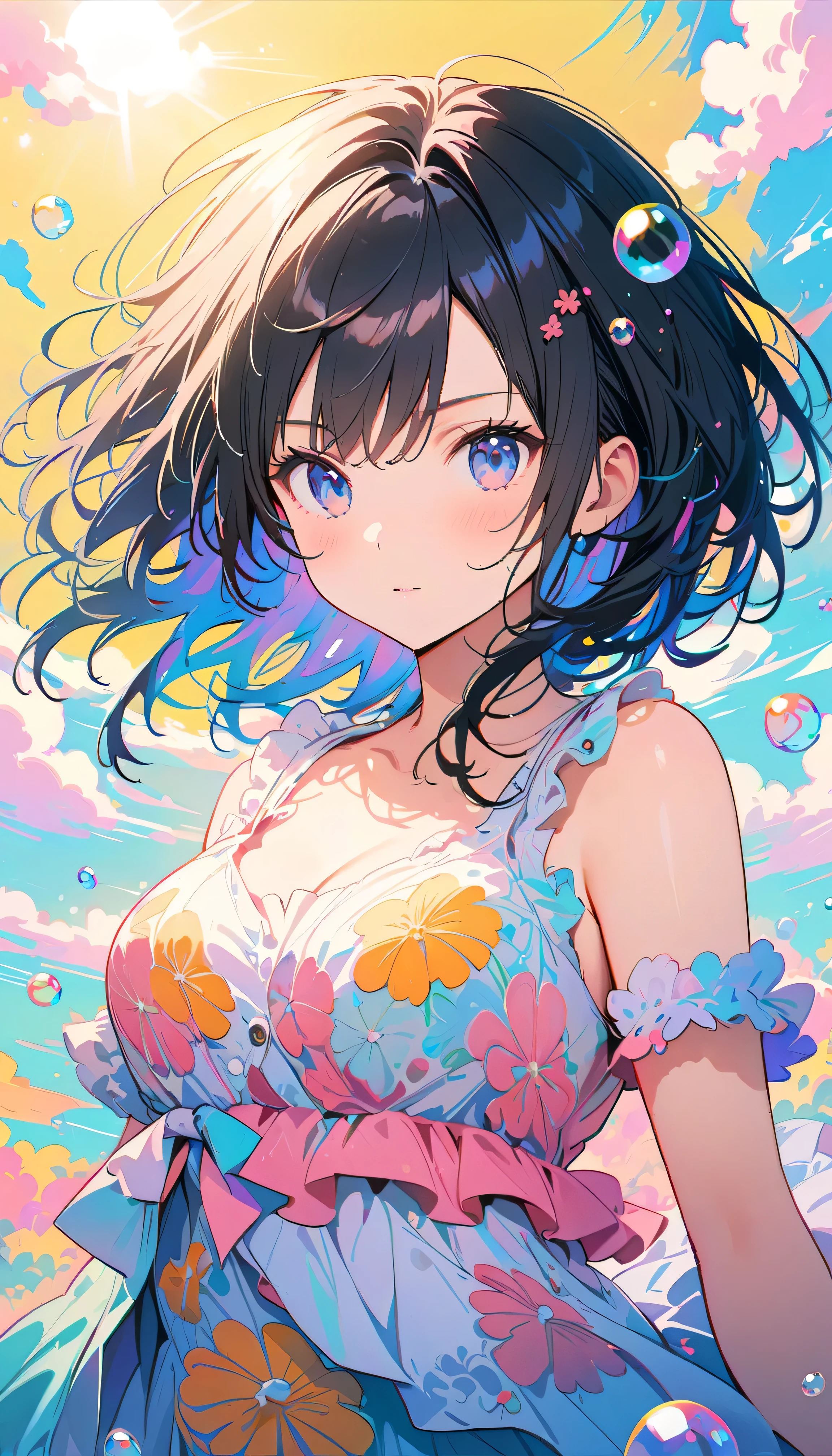 Best Quality, Super Fine, 8k, Unbelievably absurd, Very detailed, 2.5D, Beautiful Goddess, Soap bubbles, Pastel colored clouds, Sunshine, Pop Art, Delicate and dynamic, Pastel color fantasy, Black Hair, Official Art