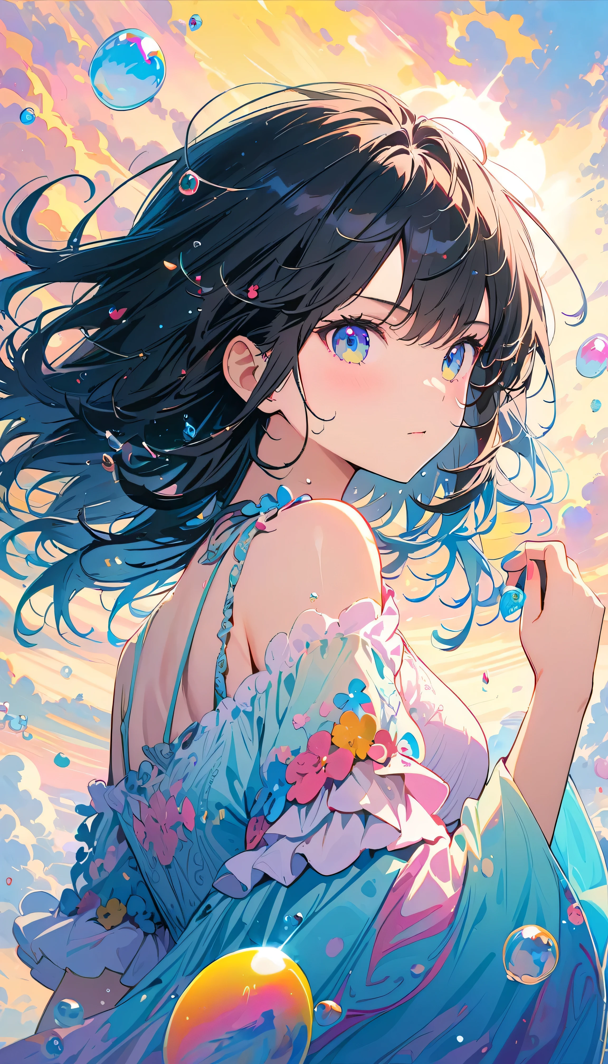 Best Quality, Super Fine, 8k, Unbelievably absurd, Very detailed, 2.5D, Beautiful Goddess, Soap bubbles, Pastel colored clouds, Sunshine, Pop Art, Delicate and dynamic, Pastel color fantasy, Black Hair, Official Art