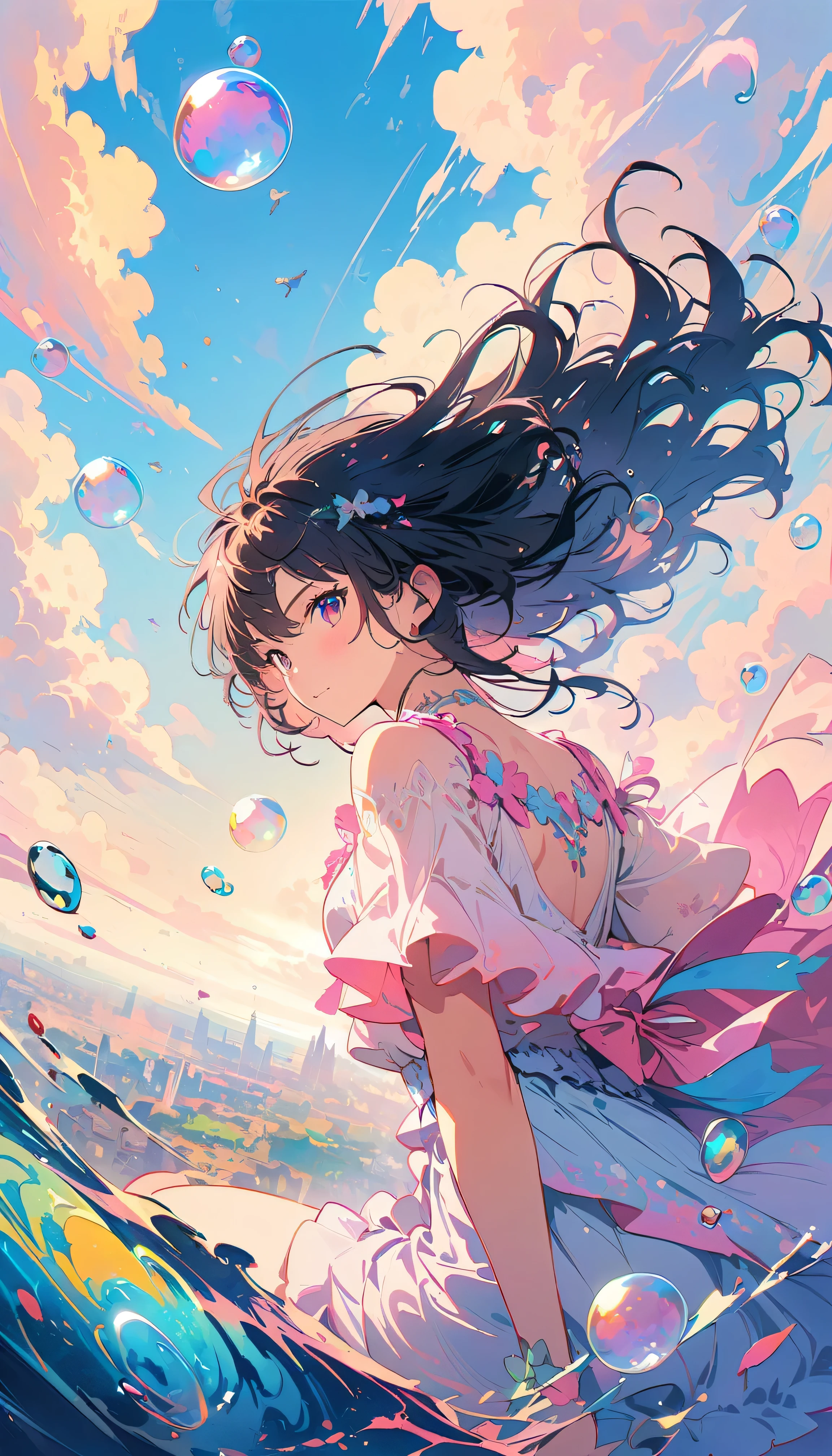 Best Quality, Super Fine, 8k, Unbelievably absurd, Very detailed, 2.5D, Beautiful Goddess, Soap bubbles, Pastel colored clouds, Sunshine, Pop Art, Delicate and dynamic, Pastel color fantasy, Black Hair, Official Art