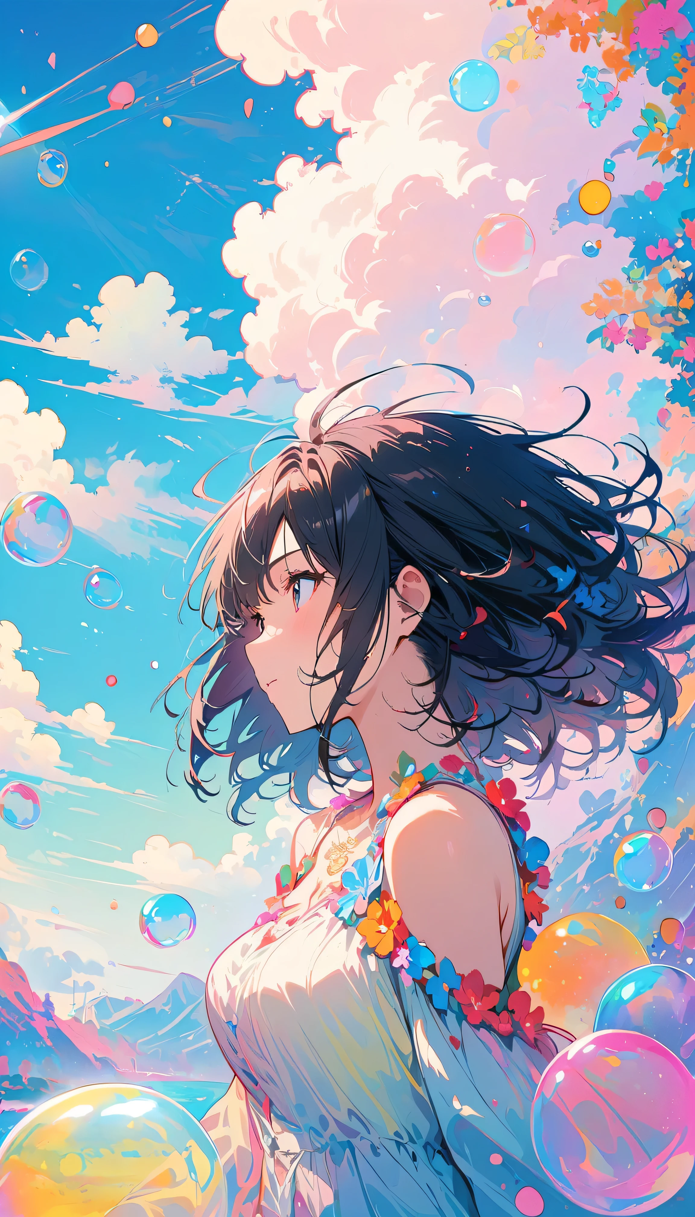 Best Quality, Super Fine, 8k, Unbelievably absurd, Very detailed, 2.5D, Beautiful Goddess, Soap bubbles, Pastel colored clouds, Sunshine, Pop Art, Delicate and dynamic, Pastel color fantasy, Black Hair, Official Art