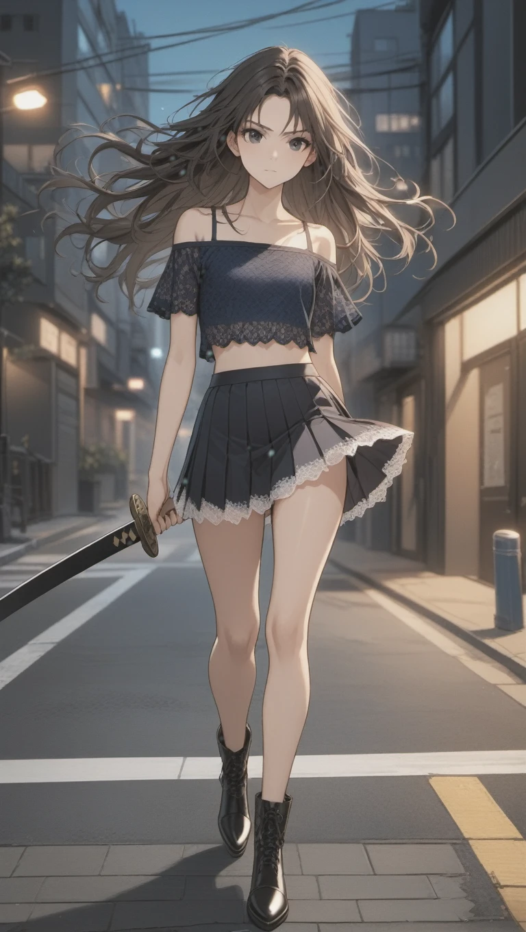 (((Adult woman)): (small pleated mini skirt, lace miniskirt, lace blue crop top, off shoulder's, windy effect, wind skirt lifting, white panties, flat chest, Black eyes, showing the whole body, brown skin, ((Black wavy hair)), High heel Beige boots. Closed mouth)); full body shot, running at street, Raccon Police Department background (RPD). High quality. 4k, 8k, many details. Masterpiece, accurate, anatomically correct, posing, detailed background, better quality, original work Focus on details, empty street, Front view, nightmare, holding a katana sword, at night