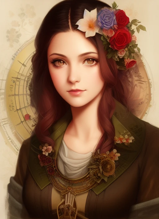 Charlie Bowater realistic Lithography sketch portrait of a woman, flowers, [gears], pipes, dieselpunk, multi-colored ribbons, old paper texture, highly detailed