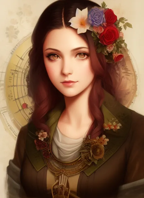 charlie bowater realistic lithography sketch portrait of a woman, flowers, [gears], pipes, dieselpunk, multi-colored ribbons, ol...