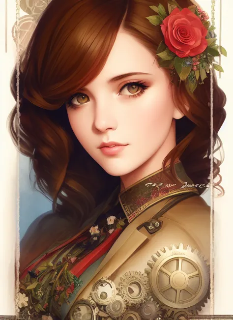 charlie bowater realistic lithography sketch portrait of a woman, flowers, [gears], pipes, dieselpunk, multi-colored ribbons, ol...