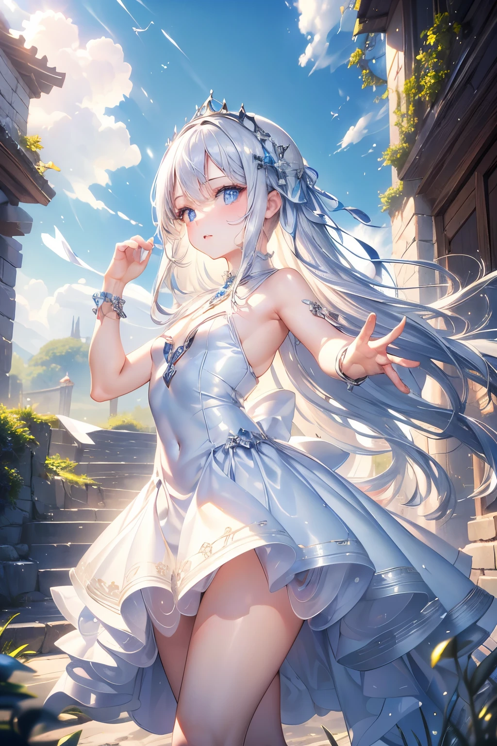 masterpiece,Best Quality,Very detailed,beautiful girl, teenager,High Fantasy,fantasy white dress,Jewelry Accessories,Outdoor,squirt,Small breasts,Narrow waist,Straight silver hair,Perfect Blue Eyes,Very cute,Active pose
