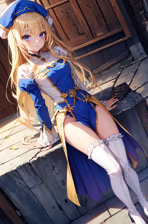 priestess, blonde hair, blue eyes, long hair, hair between the eyes,(,so embarrassing),
boots, dress, frills袖, frills, have, whi...