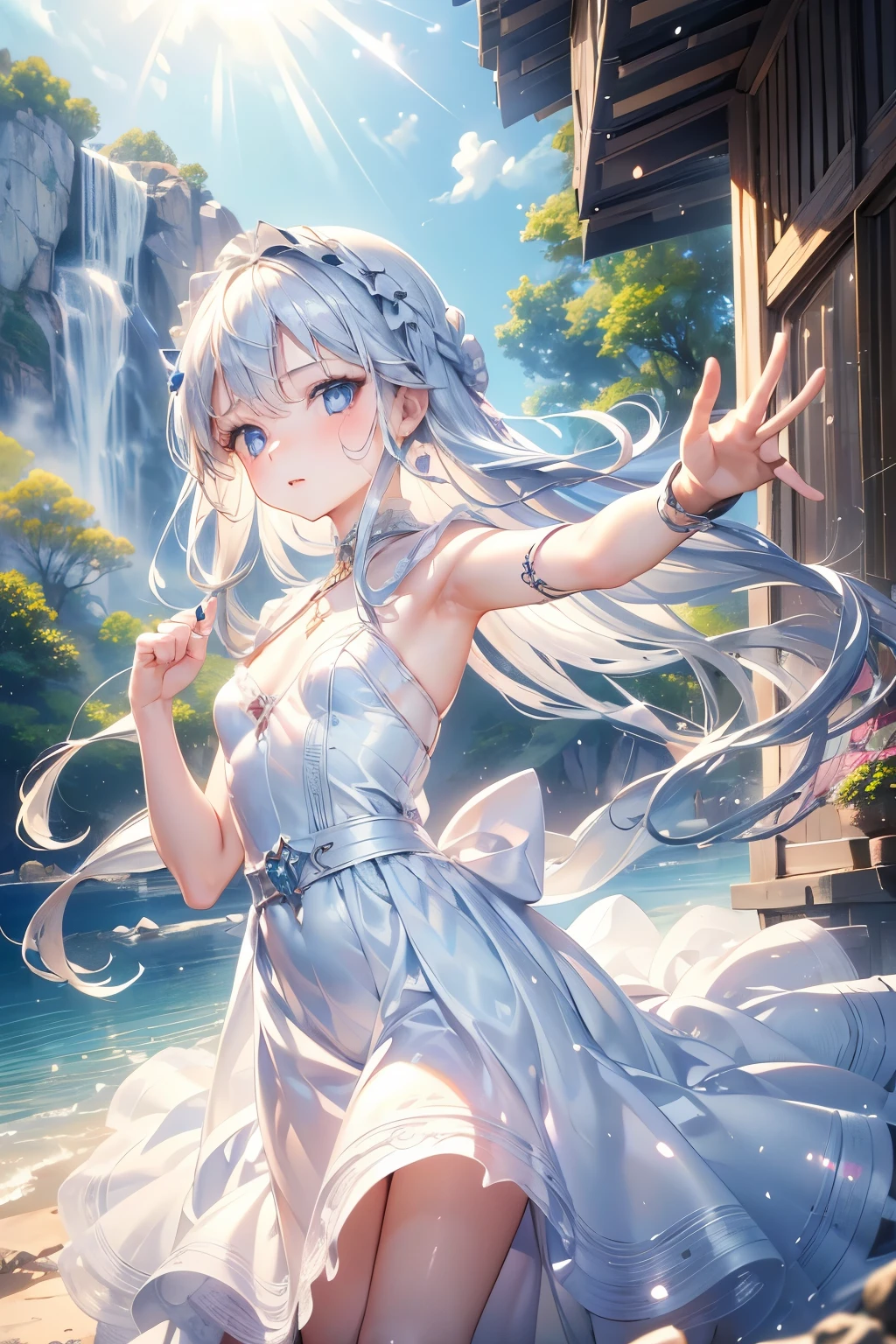 masterpiece,Best Quality,Very detailed,beautiful girl, teenager,High Fantasy,fantasy white dress,Jewelry Accessories,Outdoor,squirt,Small breasts,Narrow waist,Straight silver hair,Braids,Perfect Blue Eyes,Very cute,Active pose
