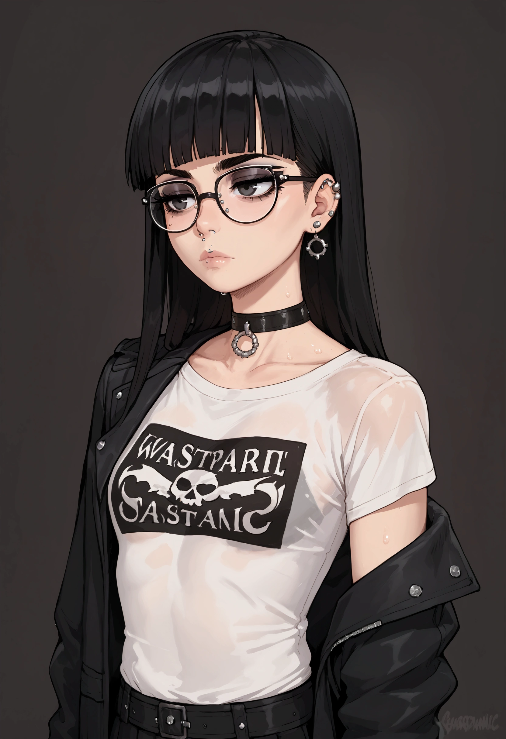 score_9, score_8_up, score_7_up, score_6_up, score_5_up, score_4_up, (masterpiece), best quality, highres, anatomically correct, 1girl, perfect face, perfect hands, female, pale, glasses, straight hair, blunt bangs, black hair, very long hair, black eyes, glasses, weak, tired, small breasts, graphic t-shirt, gothic, emo, goth, exposed left shoulder, piercings, ear piercings, lip piercings, fatigue, eye-bags, expressionless, weak, swept bangs, choker, standing, black hair, black eyes, wet shirt, black jacket, best quality, aesthetic, detailed, Shardanic