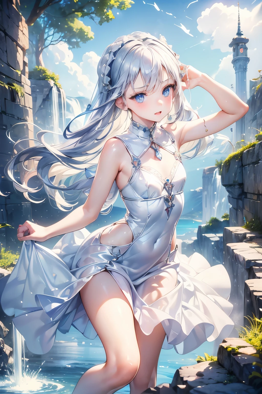 masterpiece,Best Quality,Very detailed,beautiful girl, teenager,High Fantasy,fantasy white dress,Jewelry Accessories,Outdoor,squirt,Small breasts,Narrow waist,Straight silver hair,Braids,Perfect Blue Eyes,Very cute,Active pose