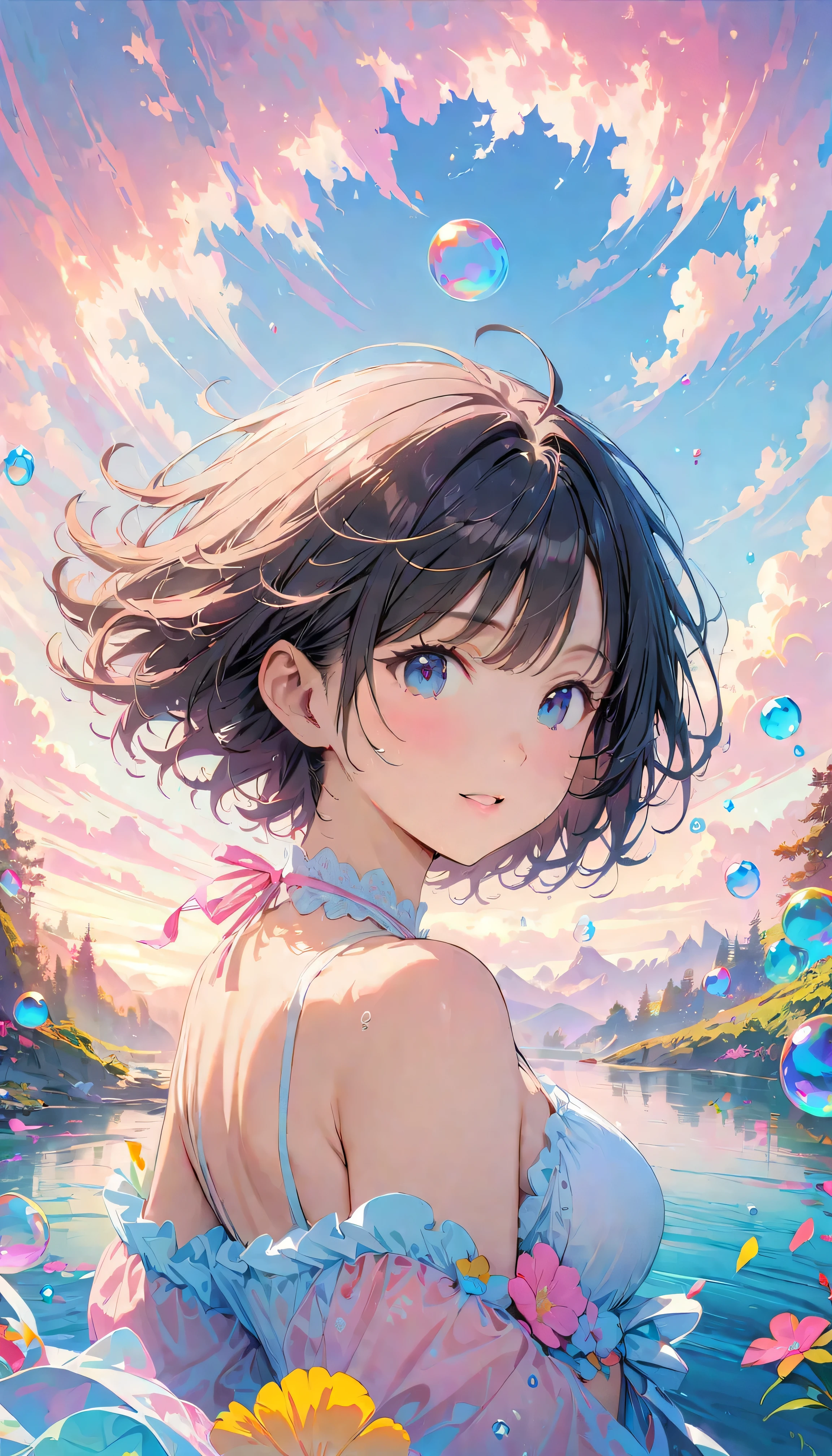 Best Quality, Super Fine, 8k, Unbelievably absurd, Very detailed, 2.5D, Beautiful Goddess, Soap bubbles, Pastel colored clouds, Sunshine, Pop Art, Delicate and dynamic, Pastel color fantasy, Black Hair, Official Art