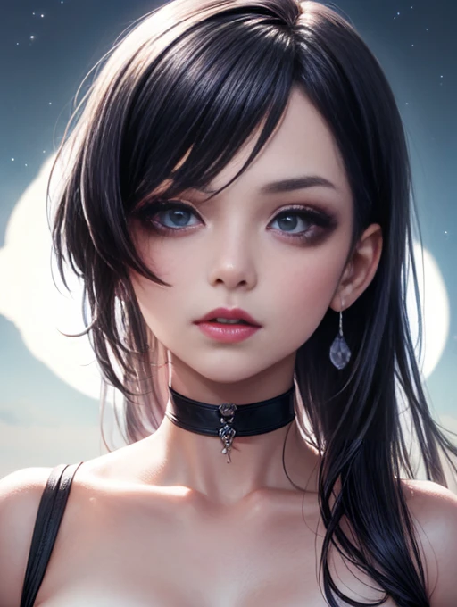 Depth of bounds written, detailed eye, ((CG illustration)), ((face focus)), ((masterpiece)), ((8K)), ((super detailed)), ((Super high quality)), ((cinematic)), ((Photoreal)), ((close up shot)), (solo), (cool girl), very long hair, straight hair, (((thin body))), Glossy skin, ((look away)), (Beautiful goth girl with high cheeks and legs), Gothic makeup, clear eyes, lipstick, dark eye shadow, ((No bra)), choker, earrings, provoke, night, ((full moon)), ((Functional)), Lonely, Visual kei, ((pastel colour)), Unwound clothes, forget, kiss, White Knight, dark, silence