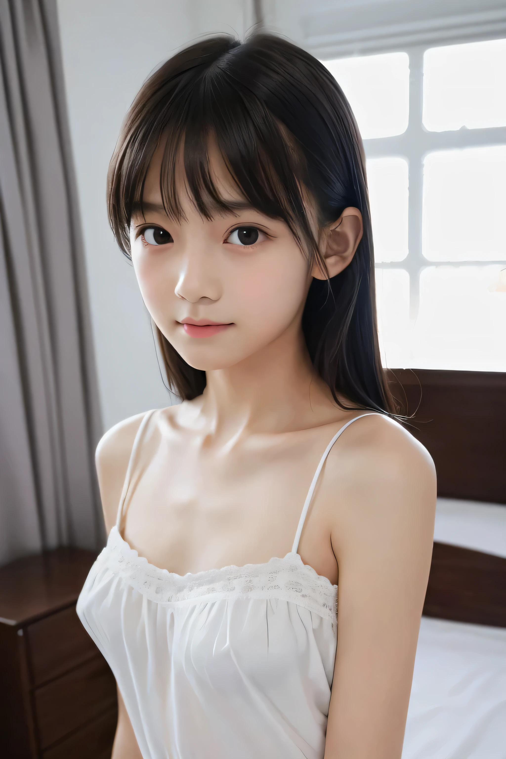 ((Best Quality)), ((Photo quality)), (Perfect Face),(delicate),,Primary school students,Small breasts,Thin arms,Slim body,Upper Body,bedroom,bed,White chemise,Black Hair,Dark look,Young face