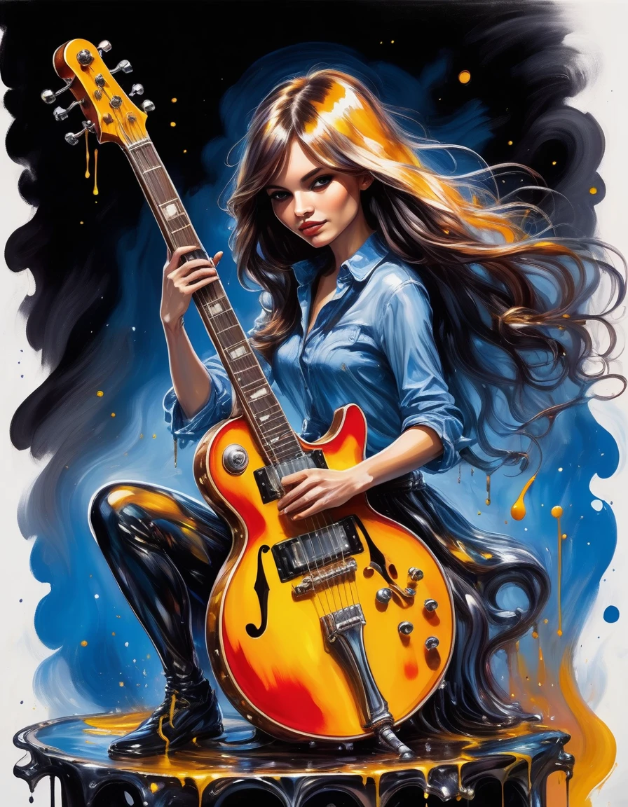 Impressionist Painting，Cute comics, Laer Chrome , Female band，Standing on a molten metal stage, Playing an instrument，Melt, Flowing long hair . Loose brushwork, Bright colors, light and shadow game, Focus on feeling rather than form