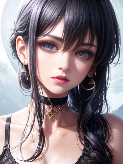 Depth of bounds written, detailed eye, ((CG illustration)), ((face focus)), ((masterpiece)), ((8K)), ((super detailed)), ((Super high quality)), ((cinematic)), ((Photoreal)), ((close up shot)), (solo), (cool girl), very long hair, straight hair, (((thin body))), Glossy skin, ((look away)), (Beautiful goth girl with high cheeks and legs), Gothic makeup, clear eyes, lipstick, dark eye shadow, ((No bra)), choker, earrings, provoke, night, ((full moon)), ((Functional)), Lonely, Visual kei, ((pastel colour)), Unwound clothes, forget, kiss, White Knight, dark, silence