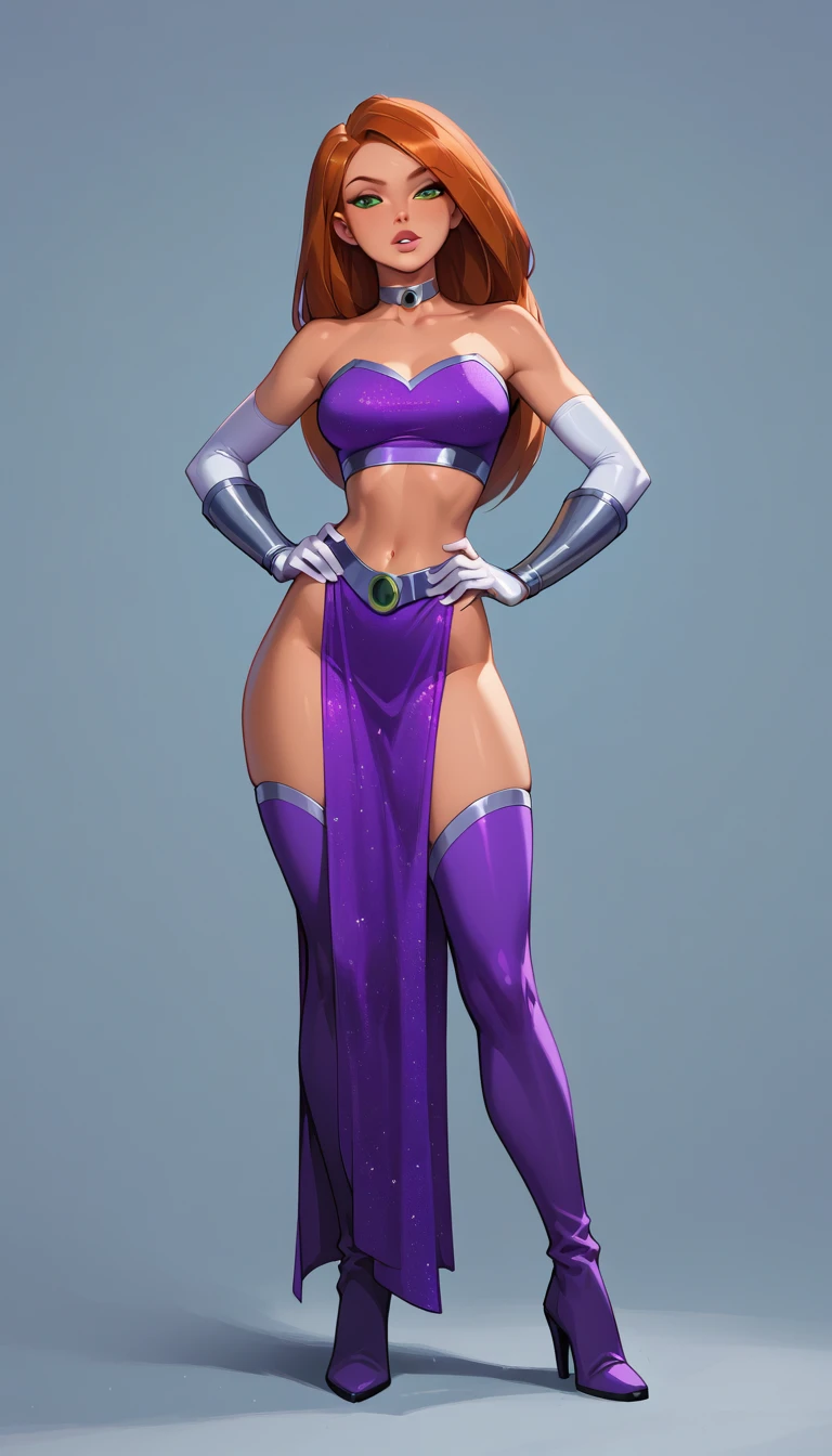 score_9, score_8_up, score_7_up, 1girl, (Kim Possible, wearing Starfire costume, purple crop top, purple miniskirt, purple thigh boots, gorget, vambraces, purple dress, white elbow gloves, choker:1.3) flirt, gaze, sexy look, half-closed eyes, head tilt, filled lips, thick lips, makeup, hands on hips, sexy pose, (full body in view) expressiveh d4rk01l, perfect hands, perfect proportions, simple background.