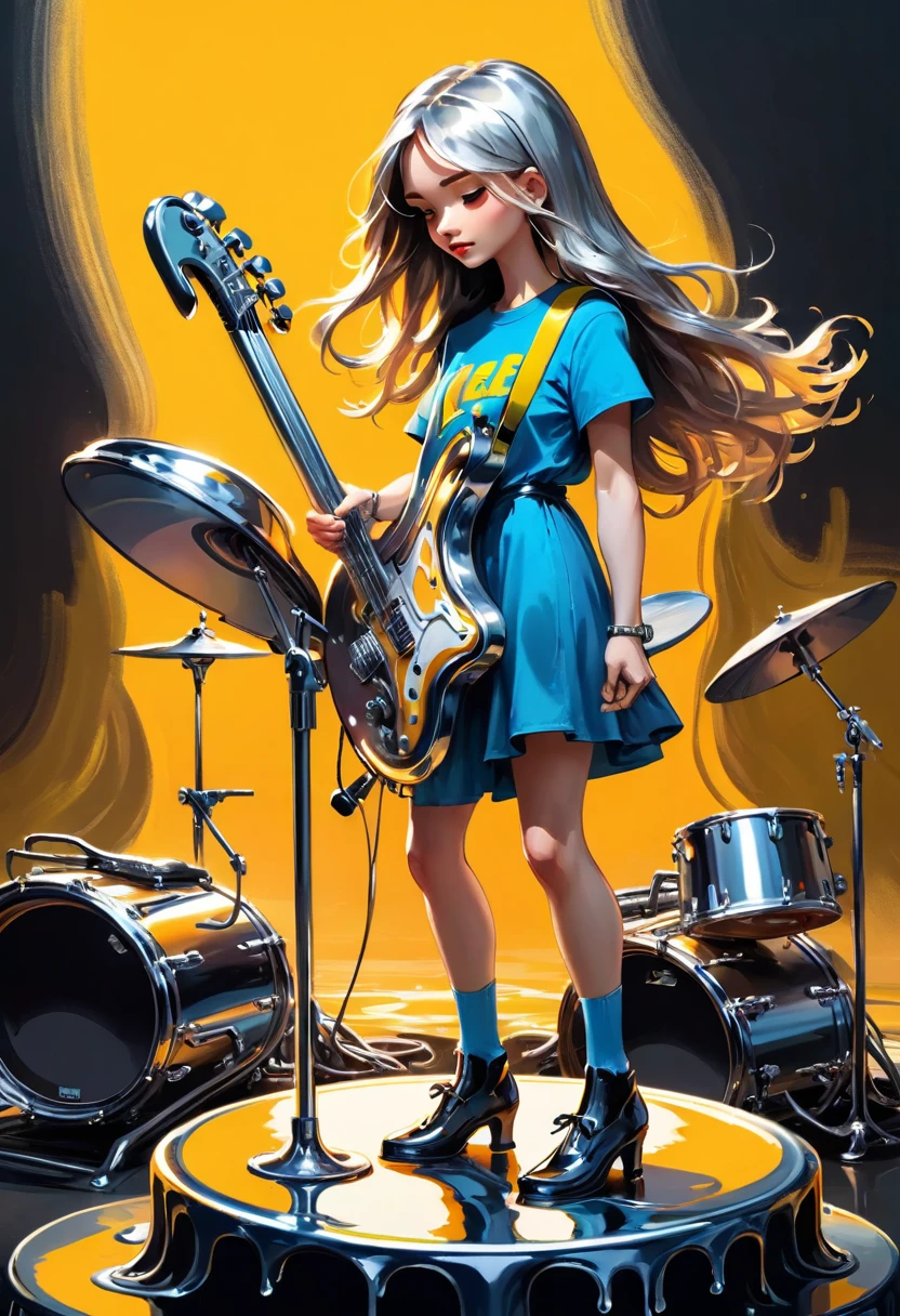 ((Inspired by Tomasz Jedruszek)),Impressionist Painting，Cute comics, Laer Chrome , Female band，Standing on a molten metal stage, Playing an instrument，Melt, Flowing long hair . Loose brushwork, Bright colors, light and shadow game, Focus on feeling rather than form