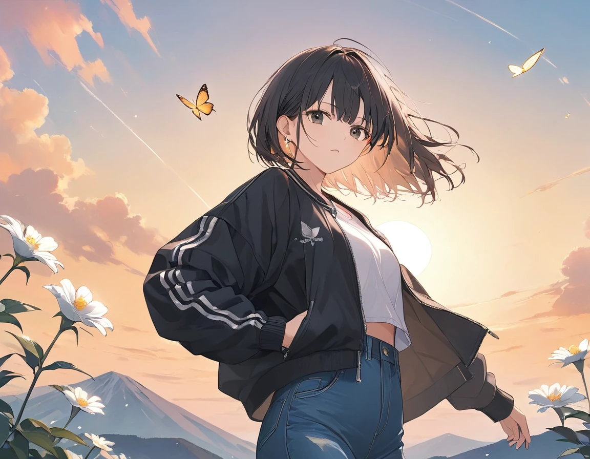 Anime Style,Woman holding her hair,Standing on the mountain top,White flowers blooming,Black Hair,Short Bob,Blowing in the Wind,Black Eyes,Shining Eyes,Shining Eyesのハイライト 白いシャツ,Wear a black drop shoulder jacket,Wearing jeans, stern expression,Disgust,A scene from youth, emphasizing women,The background is an orange sunset,Yellow butterfly flying in the sky,Low Angle,View from afar,A masterpiece with a moderately blurred background,Best Quality,Exquisite,8k,Absurd,Ultra-detailed illustrations,(Watch the audience)