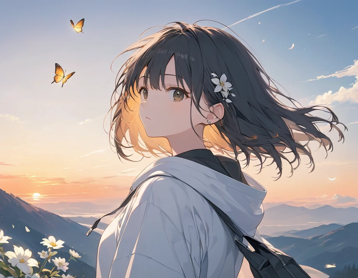 Anime Style,Woman holding her hair,Standing on the mountain top,White flowers blooming,Black Hair,Short Bob,Blowing in the Wind,Black Eyes,Shining Eyes,Shining Eyesのハイライト 白いシャツ,Wear a black hoodie,Wearing a white skirt, with a stern expression,Disgust,A scene from youth, emphasizing women,The background is an orange sunset,Yellow butterfly flying in the sky,Low Angle,View from afar,A masterpiece with a moderately blurred background,Best Quality,Exquisite,8k,Absurd,Ultra-detailed illustrations,(Watch the audience)