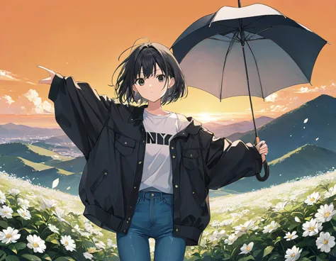 anime style,woman holding an umbrella,standing on the mountain top,white flowers blooming,black hair,short bob,blowing in the wi...