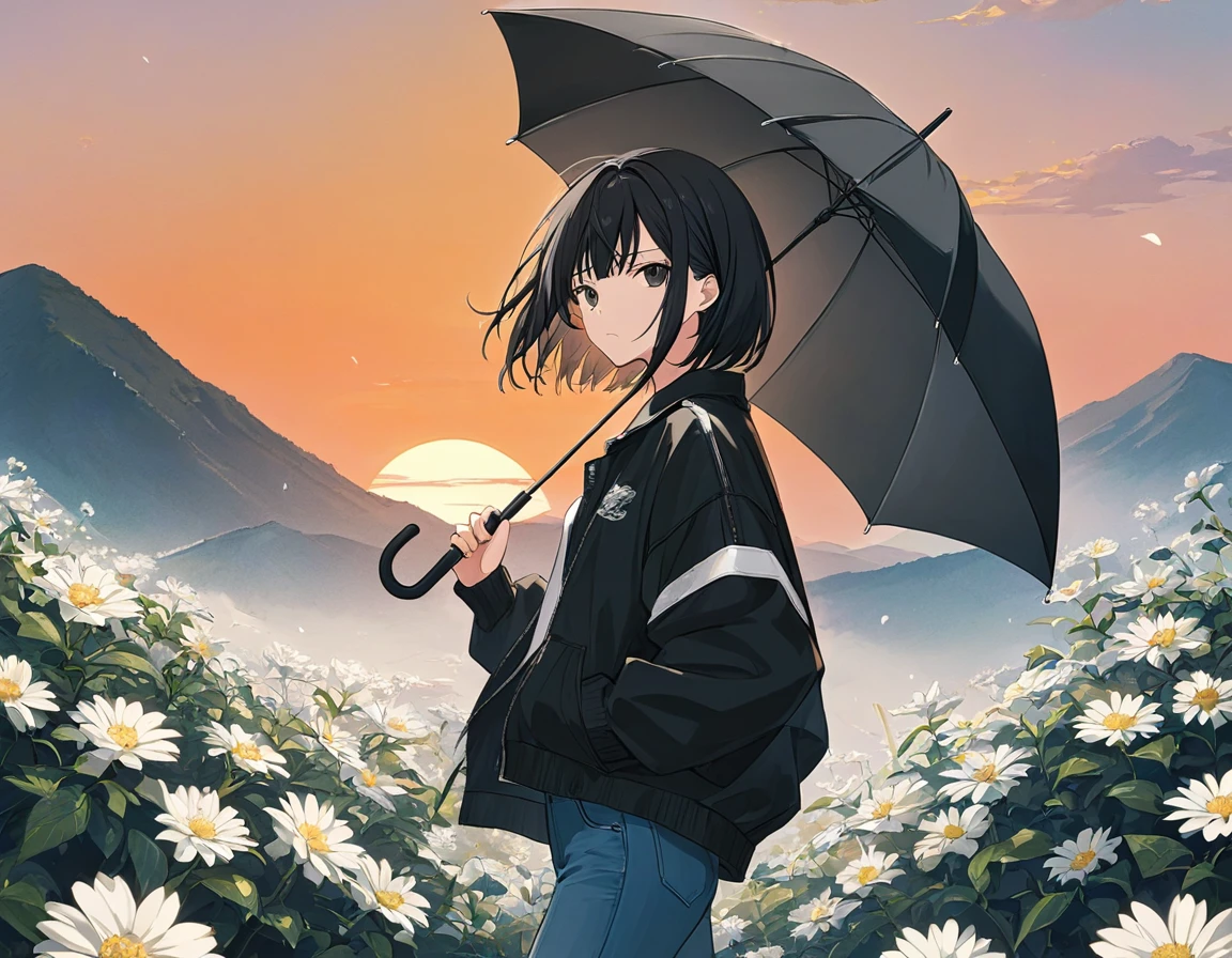 Anime Style,A woman holding an umbrella,Standing on the mountain top,White flowers blooming,Black Hair,Short Bob,Blowing in the Wind,Black Eyes,Shining Eyes,Shining Eyesのハイライト 白いシャツ,Wear a black drop shoulder jacket,Wearing jeans, stern expression,Disgust,A scene from youth, emphasizing women,The background is an orange sunset,it&#39;s raining,Flying crow,Low Angle,View from afar,A masterpiece with a moderately blurred background,Best Quality,Exquisite,8k,Absurd,Ultra-detailed illustrations,(Watch the audience)