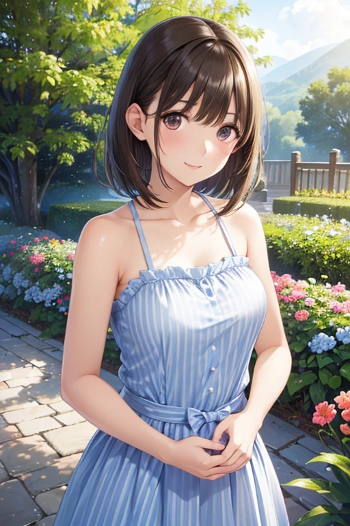 my grandmother、Shiny brown hair, Short Hair, (Beautiful brown eyes、Sparkling eyes, Fine grain)、smile、Ultra-detailed eyes、Highly detailed face, Highly detailed eyes,Cowboy Shot、


One girl, Natural Light, masterpieceHighly detailed, Illustration, Game CG, Absurd, high quality, 
(1 girl), ((Bare shoulders、Beautiful collarbone)), 最high quality, 1 girl, 、Halter neck, Striped long dress、A garden on a hill overlooking the sea、Outdoor
