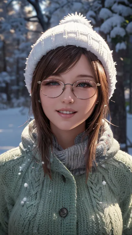 portrait, close-up, upper body. short, red hair, green eyes, glasses with metal frames, green knitted hat, green jacket, joyful ...