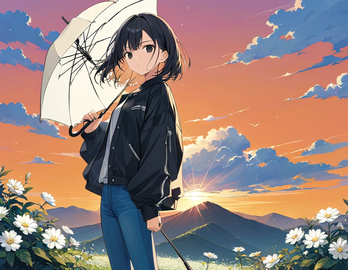 Anime Style,A woman holding an umbrella,Standing on the mountain top,White flowers blooming,Black Hair,Short Bob,Blowing in the Wind,Black Eyes,Shining Eyes,Shining Eyesのハイライト 白いシャツ,Wear a black drop shoulder jacket,Wearing jeans, stern expression,Disgust,A scene from youth, emphasizing women,The background is an orange sunset,it&#39;s raining,Flying crow,Low Angle,View from afar,A masterpiece with a moderately blurred background,Best Quality,Exquisite,8k,Absurd,Ultra-detailed illustrations,(Watch the audience)