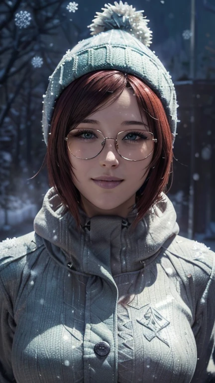 portrait, close-up, upper body. Short, red hair, green eyes, glasses with metal frames, green knitted hat, green jacket, joyful smile, cheerful girl . (masterpiece, top quality, best quality, official art, beautiful and aesthetically pleasing:1.2), extremely detailed,(fractal art:1.2),Colorful,The most detailed, (dynamic pose), (winter background:1.5), (Lots of snow:1.4). ((SPLIT. Skin texture, Shiny skin. elegance. photorealism. unreal engine. 3D model. Ultra high quality textures. High detail. permission 8k))