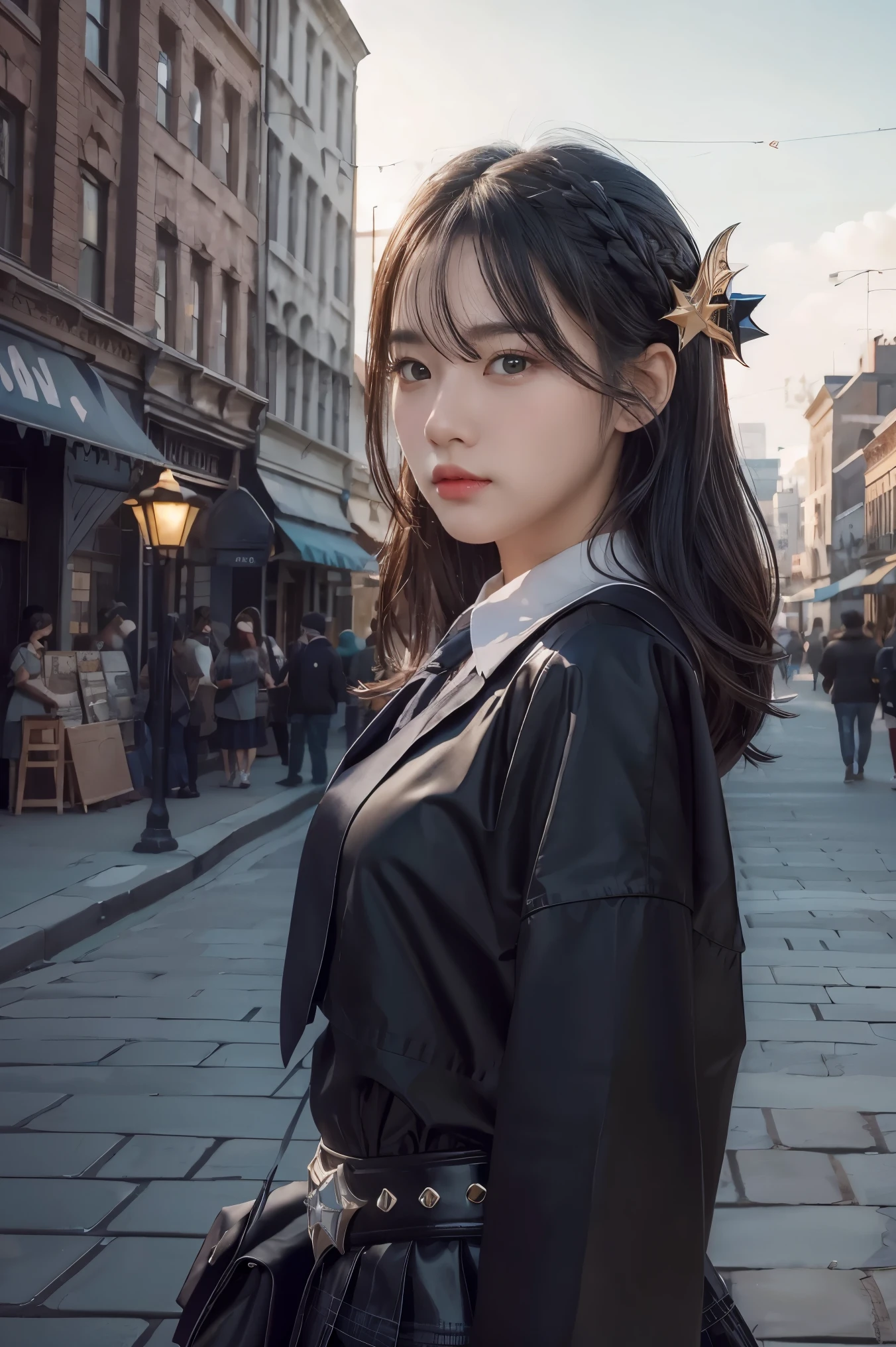 (extremely detailed CG unity 8k wallpaper),(masterpiece), (best quality), (ultra-detailed), (best illustration),(best shadow), cowboy shot, (sharp eyeliner, eyeshadow, detailed eyes:1), city background, ,BREAK , (star15school:1.2), hair ornament, ,  1girl, batman, 