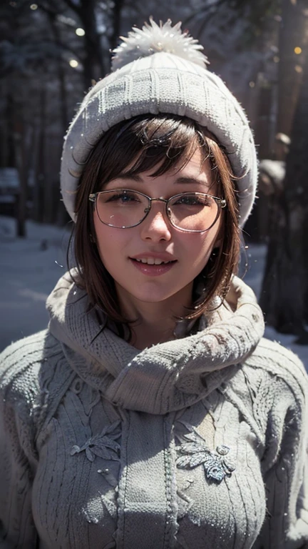 portrait, close-up, upper body. Short, red hair, green eyes, glasses with metal frames, green knitted hat, green jacket, joyful smile, cheerful girl . (masterpiece, top quality, best quality, official art, beautiful and aesthetically pleasing:1.2), extremely detailed,(fractal art:1.2),Colorful,The most detailed, (dynamic pose), (winter background:1.5), (Lots of snow:1.4). ((SPLIT. Skin texture, Shiny skin. elegance. photorealism. unreal engine. 3D model. Ultra high quality textures. High detail. permission 8k))