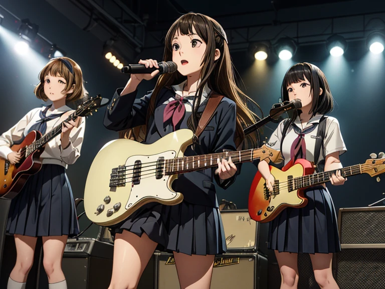 5 girls, there are five girls in school uniforms playing music together, Girl band illustration, rock band, band playing instruments, K-ON!, band name is "After School Tea Time", band promo, high school girls, happy!!!, band playing, **Yui Hirasawa, Her hair is brown and bob cut. She has a yellow hairpin holding her right bangs in place, Black Pantyhose, Grey neckerchief, have a Gibson Les Paul Standard**. **Mio Akiyama, She has long straight black hair. Her bangs are cut in a hime style, Grey neckerchief, Black knee-high socks, have a Fender Jazz Bass left-handed model**. **Tainaka Ritsu, She has short brown hair with a yellow headband and her forehead is exposed, White ankle socks, Grey neckerchief, Plays the drums**. **Kotobuki Tsumugi, She has thick semicircular eyebrows, and long wavy hair that is a light color almost blonde, Fair skin, Grey neckerchief, White ankle socks, Keyboard player**. **Azusa Nakano, She has long twin-tailed, slightly bluish black hair, Black knee-high socks, red neckerchief, Plays rhythm guitar**. ((All of them are wearing navy blazers and grey pleated skirts)). ((masterpiece)), (best quality), ((extremely detailed)) 