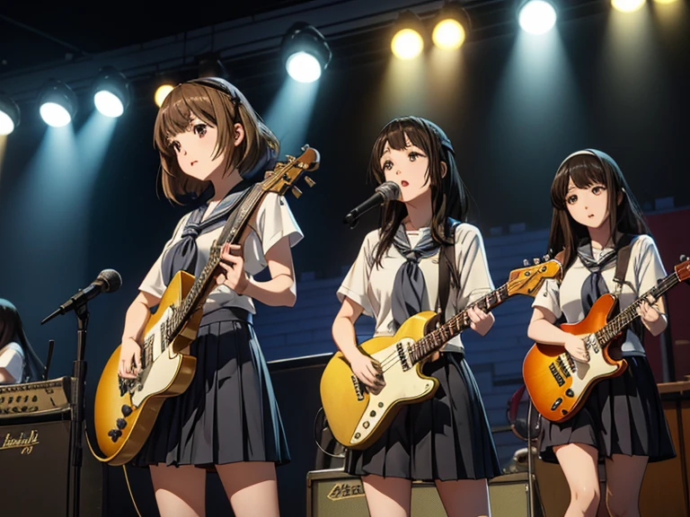 5 girls, there are five girls in school uniforms playing music together, Girl band illustration, rock band, band playing instruments, K-ON!, band name is "After School Tea Time", band promo, high school girls, happy!!!, band playing, **Yui Hirasawa, Her hair is brown and bob cut. She has a yellow hairpin holding her right bangs in place, Black Pantyhose, Grey neckerchief, have a Gibson Les Paul Standard**. **Mio Akiyama, She has long straight black hair. Her bangs are cut in a hime style, Grey neckerchief, Black knee-high socks, have a Fender Jazz Bass left-handed model**. **Tainaka Ritsu, She has short brown hair with a yellow headband and her forehead is exposed, White ankle socks, Grey neckerchief, Plays the drums**. **Kotobuki Tsumugi, She has thick semicircular eyebrows, and long wavy hair that is a light color almost blonde, Fair skin, Grey neckerchief, White ankle socks, Keyboard player**. **Azusa Nakano, She has long twin-tailed, slightly bluish black hair, Black knee-high socks, red neckerchief, Plays rhythm guitar**. ((All of them are wearing navy blazers and grey pleated skirts)). ((masterpiece)), (best quality), ((extremely detailed)) 