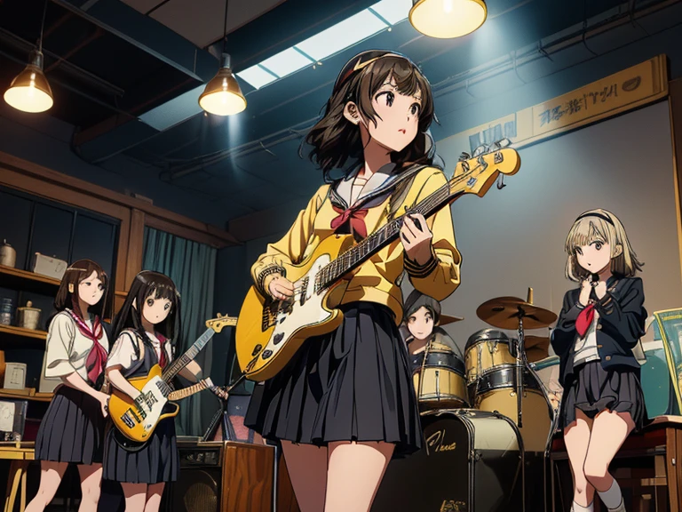 5 girls, there are five girls in school uniforms playing music together, Girl band illustration, rock band, band playing instruments, (A dynamic performance:1.3), K-ON!, band name is "After School Tea Time", band promo, high school girls, ((All of them are wearing navy blazers and grey pleated skirts:1.3)). happy!!!, band playing, (**Yui Hirasawa, Her hair is brown and bob cut. She has a yellow hairpin holding her right bangs in place, Black Pantyhose, Grey neckerchief, have a Gibson Les Paul Standard**). (**Mio Akiyama, She has long straight black hair. Her bangs are cut in a hime style, Grey neckerchief, Black knee-high socks, have a Fender Jazz Bass left-handed model**). (**Tainaka Ritsu, She has short brown hair with a yellow headband and her forehead is exposed, White ankle socks, Grey neckerchief, Plays the drums**). (**Kotobuki Tsumugi, She has thick semicircular eyebrows, and long wavy hair that is a light color almost blonde, Fair skin, Grey neckerchief, White ankle socks, Keyboard player**). (**Azusa Nakano, She has long twin-tailed, slightly bluish black hair, Black knee-high socks, red neckerchief, Plays rhythm guitar**). ((masterpiece:1.3)), (best quality), ((extremely detailed:1.1)) 