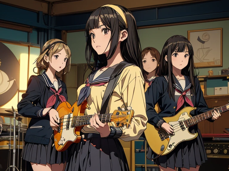 5 girls, there are five girls in school uniforms playing music together, Girl band illustration, rock band, band playing instruments, (A dynamic performance:1.3), K-ON!, band name is "After School Tea Time", band promo, high school girls, ((All of them are wearing navy blazers and grey pleated skirts:1.3)). happy!!!, band playing, (**Yui Hirasawa, Her hair is brown and bob cut. She has a yellow hairpin holding her right bangs in place, Black Pantyhose, Grey neckerchief, have a Gibson Les Paul Standard**). (**Mio Akiyama, She has long straight black hair. Her bangs are cut in a hime style, Grey neckerchief, Black knee-high socks, have a Fender Jazz Bass left-handed model**). (**Tainaka Ritsu, She has short brown hair with a yellow headband and her forehead is exposed, White ankle socks, Grey neckerchief, Plays the drums**). (**Kotobuki Tsumugi, She has thick semicircular eyebrows, and long wavy hair that is a light color almost blonde, Fair skin, Grey neckerchief, White ankle socks, Keyboard player**). (**Azusa Nakano, She has long twin-tailed, slightly bluish black hair, Black knee-high socks, red neckerchief, Plays rhythm guitar**). ((masterpiece:1.3)), (best quality), ((extremely detailed:1.1)) 