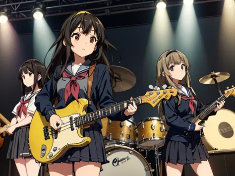 ((masterpiece:1.3)), (best quality), ((extremely detailed:1.1)), 5 girls, there are five girls in school uniforms playing music ...