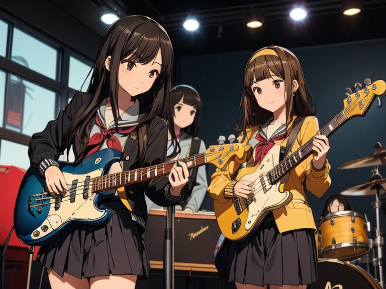 5 girls, there are five girls in school uniforms playing music together, Girl band illustration, rock band, band playing instruments, (A dynamic performance:1.3), K-ON!, band name is "After School Tea Time", band promo, high school girls, ((All of them are wearing navy blazers and grey pleated skirts:1.3)). happy!!!, band playing, (**Yui Hirasawa, Her hair is brown and bob cut. She has a yellow hairpin holding her right bangs in place, Black Pantyhose, Grey neckerchief, have a Gibson Les Paul Standard**). (**Mio Akiyama, She has long straight black hair. Her bangs are cut in a hime style, Grey neckerchief, Black knee-high socks, have a Fender Jazz Bass left-handed model**). (**Tainaka Ritsu, She has short brown hair with a yellow headband and her forehead is exposed, White ankle socks, Grey neckerchief, Plays the drums**). (**Kotobuki Tsumugi, She has thick semicircular eyebrows, and long wavy hair that is a light color almost blonde, Fair skin, Grey neckerchief, White ankle socks, Keyboard player**). (**Azusa Nakano, She has long twin-tailed, slightly bluish black hair, Black knee-high socks, red neckerchief, Plays rhythm guitar**). ((masterpiece:1.3)), (best quality), ((extremely detailed:1.1))