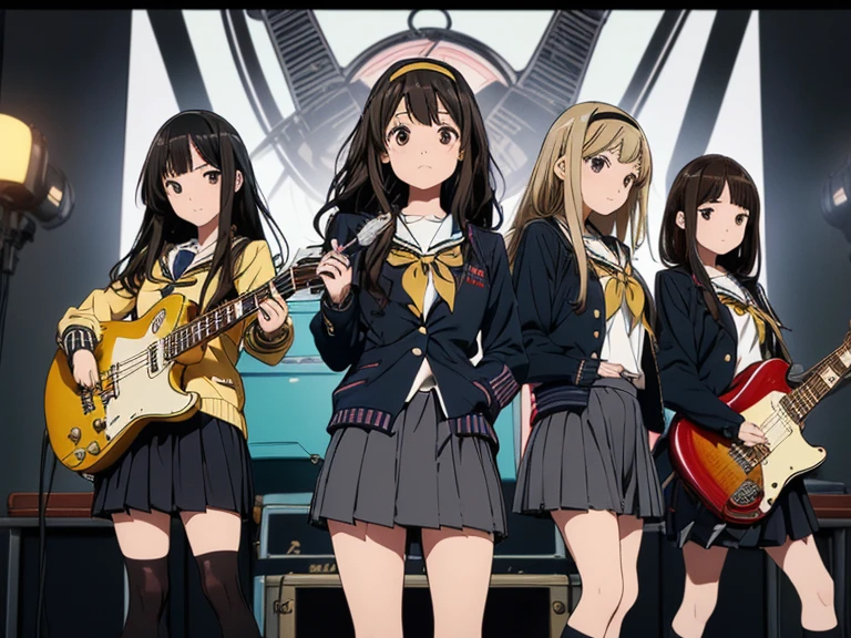 5 girls, there are five girls in school uniforms playing music together, Girl band illustration, rock band, band playing instruments, (A dynamic performance:1.3), K-ON!, band name is "After School Tea Time", band promo, high school girls, ((All of them are wearing navy blazers and grey pleated skirts:1.3)). happy!!!, band playing, (**Yui Hirasawa, Her hair is brown and bob cut. She has a yellow hairpin holding her right bangs in place, Black Pantyhose, Grey neckerchief, have a Gibson Les Paul Standard**). (**Mio Akiyama, She has long straight black hair. Her bangs are cut in a hime style, Grey neckerchief, Black knee-high socks, have a Fender Jazz Bass left-handed model**). (**Tainaka Ritsu, She has short brown hair with a yellow headband and her forehead is exposed, White ankle socks, Grey neckerchief, Plays the drums**). (**Kotobuki Tsumugi, She has thick semicircular eyebrows, and long wavy hair that is a light color almost blonde, Fair skin, Grey neckerchief, White ankle socks, Keyboard player**). (**Azusa Nakano, She has long twin-tailed, slightly bluish black hair, Black knee-high socks, red neckerchief, Plays rhythm guitar**). ((masterpiece:1.3)), (best quality), ((extremely detailed:1.1))