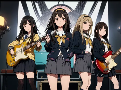 5 girls, there are five girls in school uniforms playing music together, girl band illustration, rock band, band playing instrum...