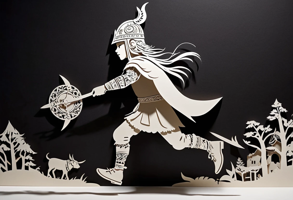 (Masterpiece, BestQuality:1.2),fusion of paper cutting and shadow puppetry, mix of monochrome and color, best quality, super fine, 16k, 2.5D, delicate and dynamic depiction, side view,side angle,present day,one small boy(kid) is running, wearing a Viking helmet,wasteland,Magnificent Paper Cutout,