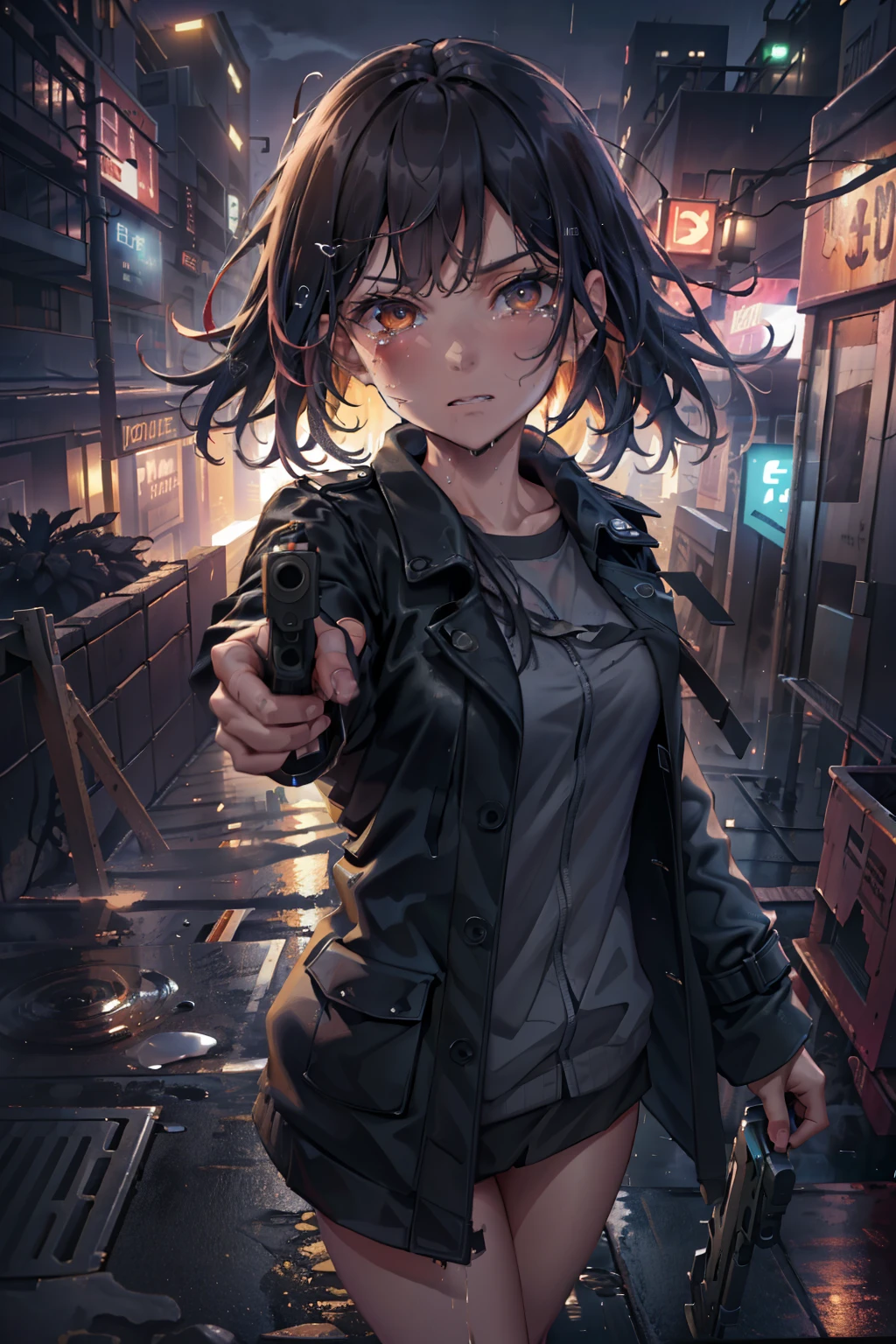 (extremely detailed CG unity 4k wallpaper),(masterpiece),(best quality),(ultra-detailed),(best illustration),(best shadow),(absurdres), Glock17, aiming at viewer, Long messy Black Hair, Serious expression, Tears, Long Black trench coat, Heavy rain, Wet, Bloody, Dirty, On a rooftop of a Cyberpunk city, Neon lights, Late night sky, 