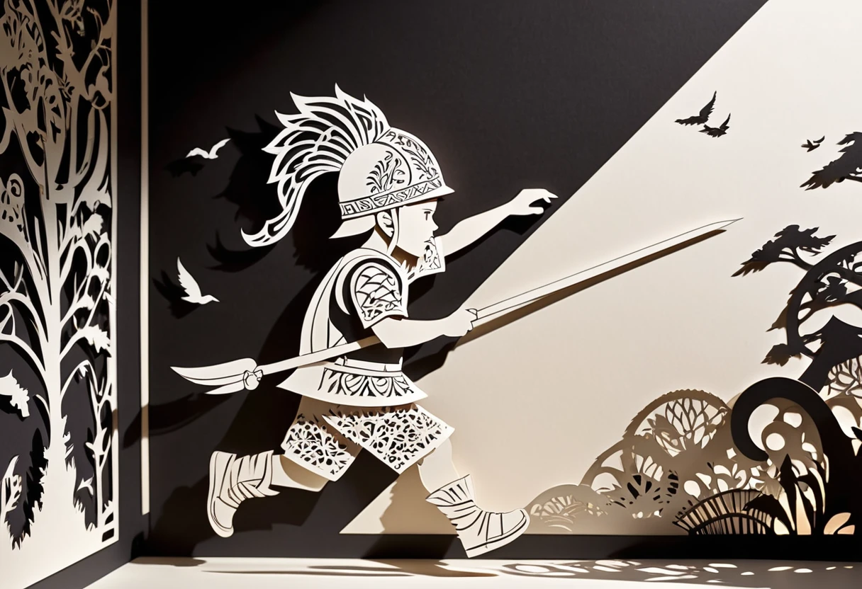 (Masterpiece, BestQuality:1.2),fusion of paper cutting and shadow puppetry, mix of monochrome and color, best quality, super fine, 16k, 2.5D, delicate and dynamic depiction, side view,side angle,present day,(only one small boy(kid) is running), wearing a Viking helmet,wasteland,Magnificent Paper Cutout,