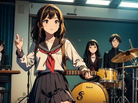 5 girls, there are five girls in school uniforms playing music together, girl band illustration, rock band, band playing instrum...