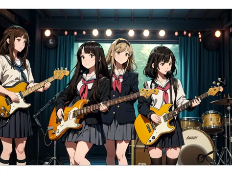 5 girls, there are five girls in school uniforms playing music together, girl band illustration, rock band, band playing instrum...