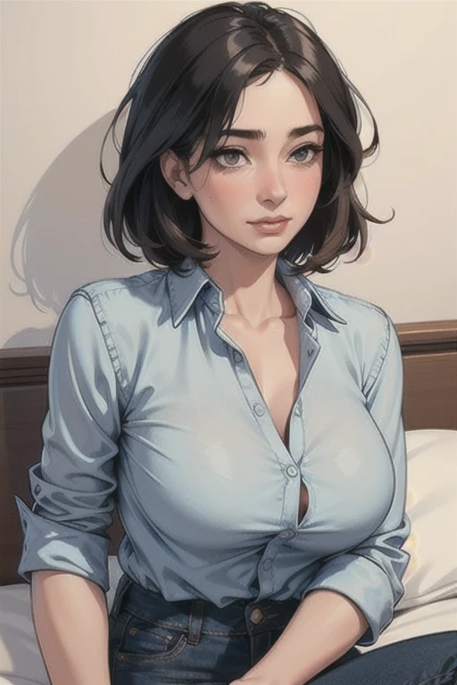 informal, (mature woman:1.4), (thick), Long buttoned and unbuttoned jean shirt dress, ((Masterpiece:1.2)), ((best quality:1.2)), (neckline). lying on a bed (blushing)