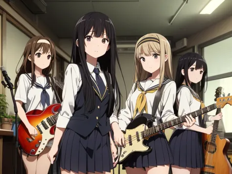 5 girls, there are five girls in school uniforms playing music together, girl band illustration, rock band, band playing instrum...