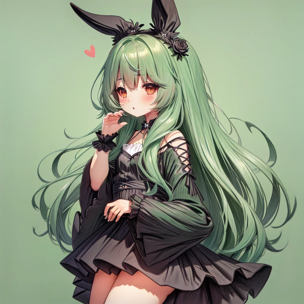 Handsome face、Chibi、Mint Green Background、Black clothes、Long sleeves with flared cuffs、Shoulders are exposed、One-piece flared skirt、A rabbit holding a stuffed toy in one hand、Black and mint green palette、Gothic Shoes、Front facing、Black Rose、🌙、Perfect Anatomy、heart、