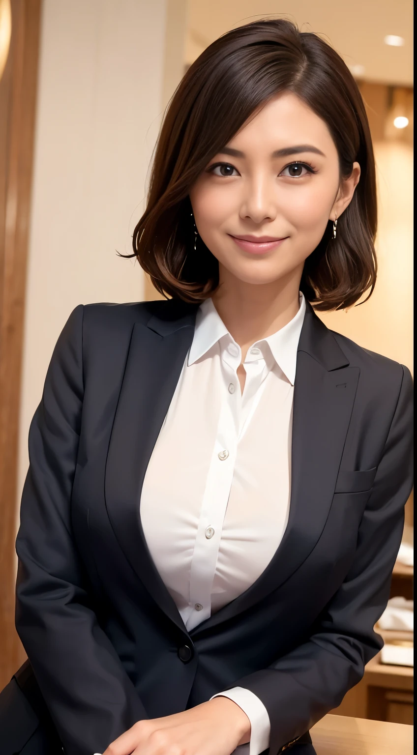 ((Best Quality、8k、masterpiece:1.3)), Upper Body,Sharp focus:1.2, Beautiful woman with perfect figure:1.4, Slim Abs:1.1, The background is a stylish cafe, ((Shortcuts、Busty:1.2)), (Wearing a business suit, Wearing a collared shirt, Slim and toned waist, Laughing:1.2), Highly detailed face and skin texture, detailed eyes, Double eyelids