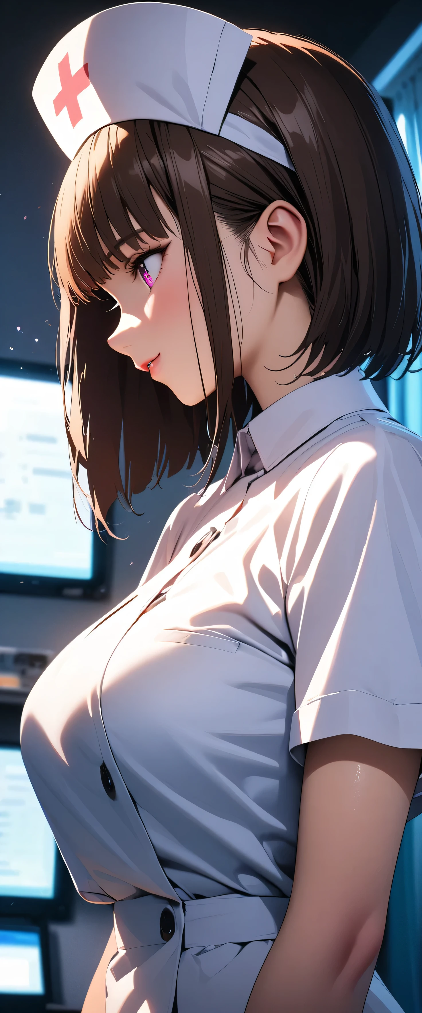 (beautiful girl: 1.3),1girl,masterpiece,Highest quality,Ultra-high resolution,rich contrast,super high quality,8k,Highly detailed CG unit wallpaper,texture,Incredibly absurd,RAW Photos,Highest quality anime,Depth of Field 1.2,Ultra-detailed eyes,Glowing Skin,Glitter effect,Beautiful glossy lips,(Brown Hair,Sharp Bob),nurse uniform,Nurse working at the hospital,exceptional smile,white nurse uniform,Large Breasts,Big Round Ass,(profile:1.5)