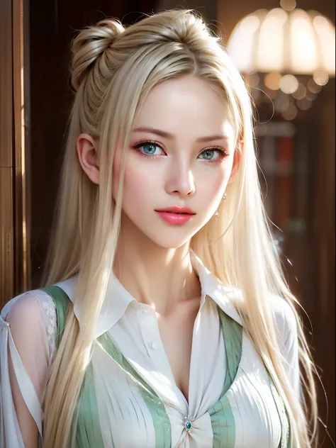 platinum-blonde-hair、long straight hair、glowing pale green eyes、transparent white and wet nightgown、1 beautiful girl、european yo...